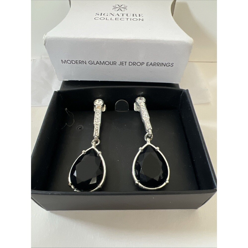 AVON Modern Glamour Jet Drop Earrings - Silvertone/ Rhinestone Accents 1 3/4"L